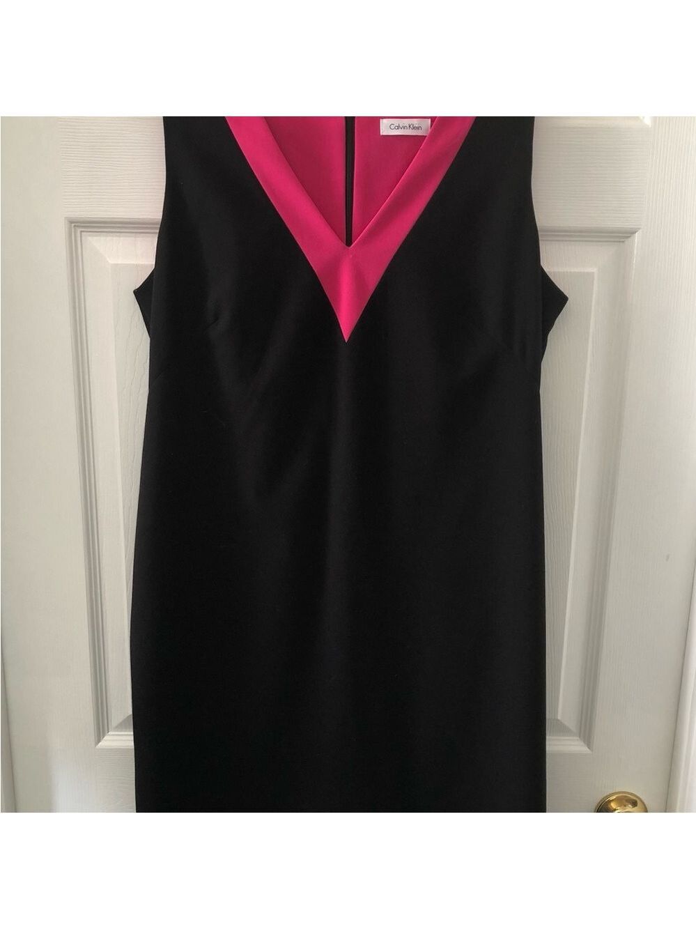 Size 12 Calvin Klein Black Dress Hot Pink V-Neck Power Sheath Dress Color Pop